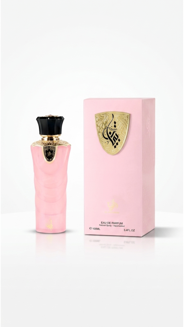 Perfume árabe feminino Al Wataniah Tibyan Eau de Parfum 100ml — frasco e embalagem rosa