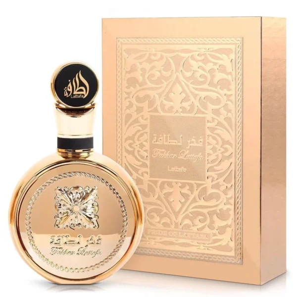Perfume árabe unissex Lattafa Fakhar Gold Eau de Parfum 100ml — frasco e embalagem