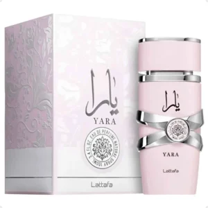 Perfume árabe feminino Lattafa Yara Eau de Parfum 100ml — frasco e embalagem