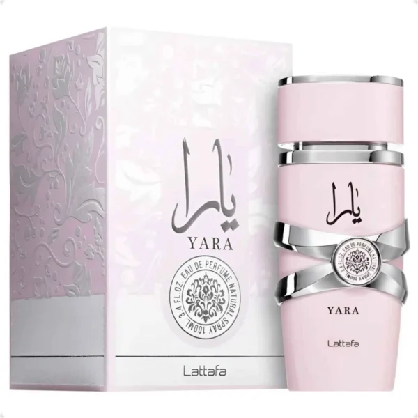 Perfume árabe feminino Lattafa Yara Eau de Parfum 100ml — frasco e embalagem