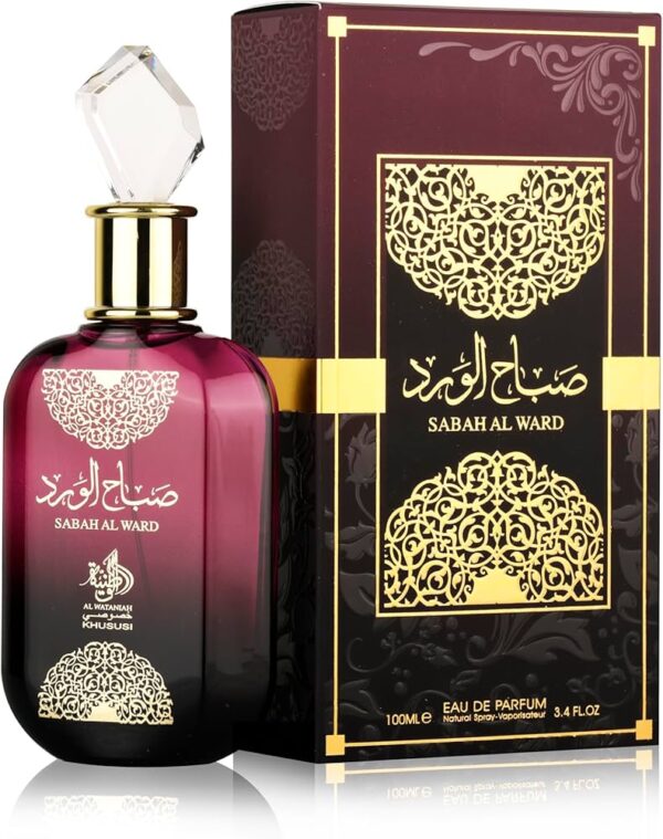 Perfume árabe feminino Al Wataniah Sabah Al Ward Eau de Parfum 100ml — frasco e embalagem